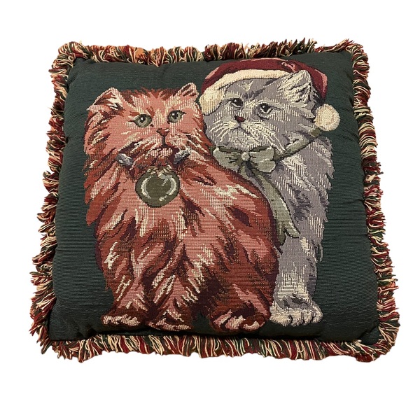 Vintage Christmas Cats Kittens Needlepoint Tapestry Frayed Border Holiday Pillow - Picture 8 of 16